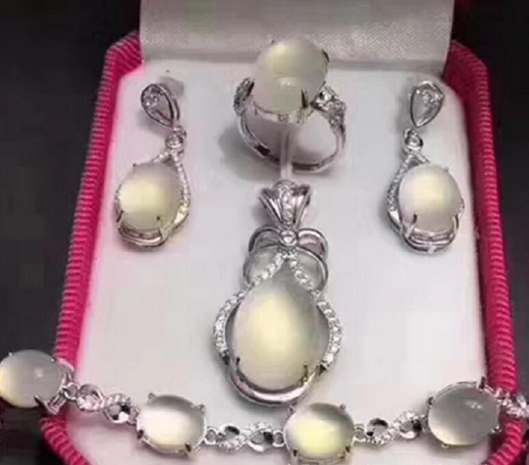 S925 Silver Exquisite chalcedony 4 piece suit  inlaid chalcedony pendant necklace ring bracelet earrings four piece suit gift